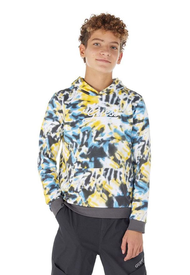 Guess bluza bawełniana dziecięca kolor żółty z kapturem wzorzysta. Typ kołnierza: kaptur. Kolor: żółty. Materiał: bawełna
