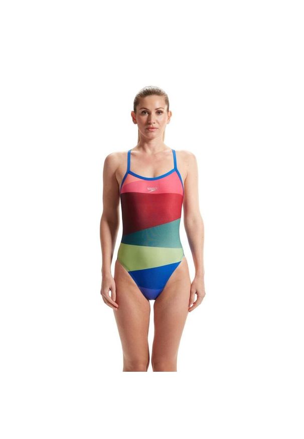 Strój pływacki jednoczęściowy damski Speedo Placement Digital Turnback. Kolor: czerwony, zielony, wielokolorowy. Wzór: nadruk