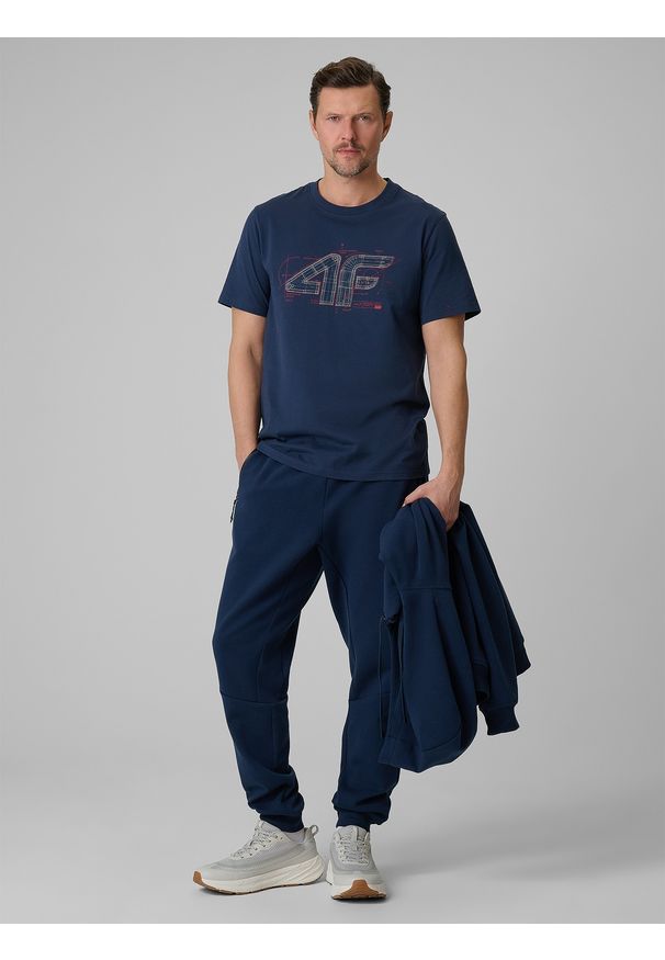 4f - 4F T-shirt regular z nadrukiem męski - granatowy L. Okazja: na co dzień. Kolor: niebieski. Materiał: dzianina, bawełna, materiał. Wzór: nadruk. Styl: casual
