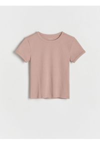Reserved - Bawełniany t-shirt w prążki - brudny róż. Kolor: różowy. Materiał: bawełna. Wzór: prążki