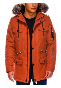 Ombre Clothing - Kurtka męska zimowa parka - ceglasta C410 - L. Kolor: pomarańczowy. Materiał: poliester. Sezon: zima