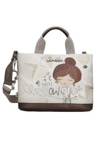 Torebka damska Anekke, z dekoracyjnym nadrukiem i metalowym logo z podwójną rączką oraz regulowanym paskiem zapinana na zamek, brązowa, 42801-222. Kolor: brązowy. Wzór: nadruk. Styl: casual, elegancki. Rodzaj torebki: na ramię #1