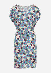 Born2be - Beżowo-Niebieska Pudełkowa Sukienka z Wiskozy Wiązana Sznurkiem w Talii Tiamadine. Okazja: na co dzień, na randkę, na spotkanie biznesowe. Kolor: beżowy. Materiał: wiskoza. Długość rękawa: krótki rękaw. Wzór: kwiaty. Styl: biznesowy, klasyczny, casual #5