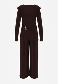 Renee - Brązowy Elegancki Komplet Spodnie Wide Leg i Bluzka z Poduszkami w Ramionach Sewinea. Kolor: brązowy. Wzór: aplikacja #8