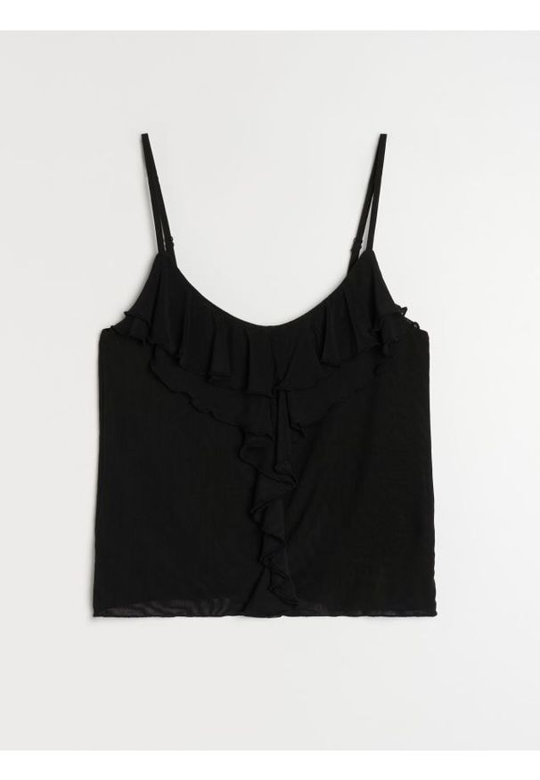 Sinsay - Top na ramiączkach z ozdobnymi falbanami - czarny. Kolor: czarny. Długość rękawa: na ramiączkach