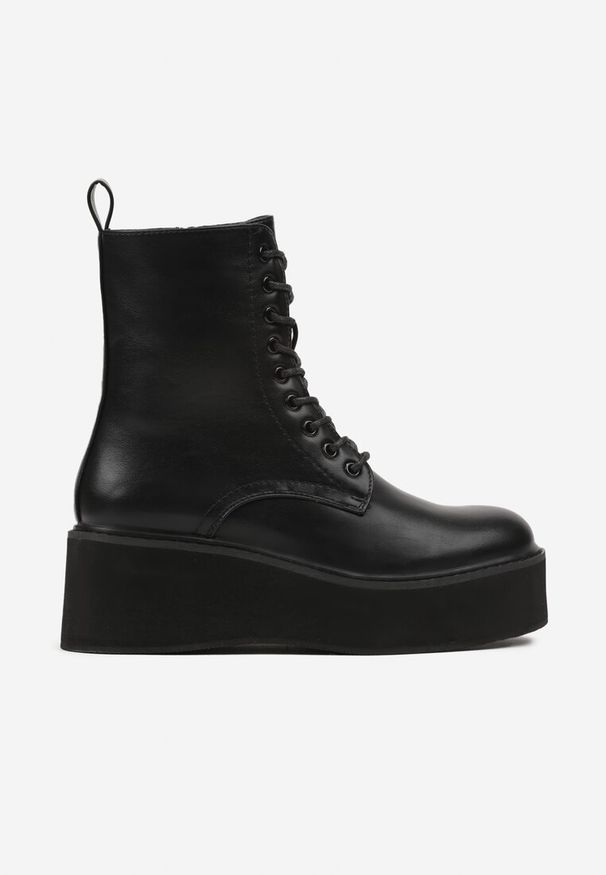 Born2be - Czarne Botki Typu Traperki na Platformie z Koturnem Evrisia. Okazja: na co dzień. Zapięcie: sznurówki. Kolor: czarny. Materiał: jeans. Obcas: na koturnie. Styl: elegancki, casual
