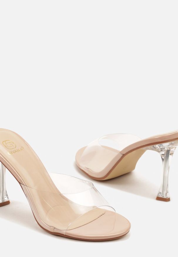 Renee - Beżowe Klapki na Szpilce z Transparentnym Obcasem i Paskiem Korimara. Okazja: na co dzień, na randkę, na spotkanie biznesowe. Kolor: beżowy. Obcas: na obcasie. Styl: biznesowy, casual, elegancki. Wysokość obcasa: średni