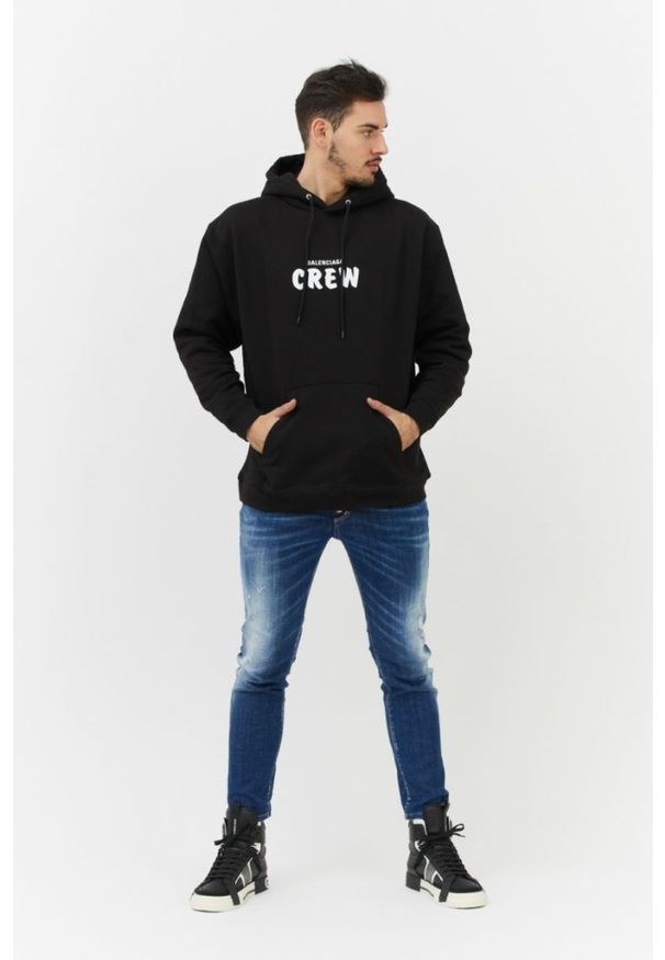Balenciaga - BALENCIAGA Czarna bluza męska z kapturem i logo. Typ kołnierza: kaptur. Kolor: czarny. Materiał: prążkowany. Wzór: nadruk
