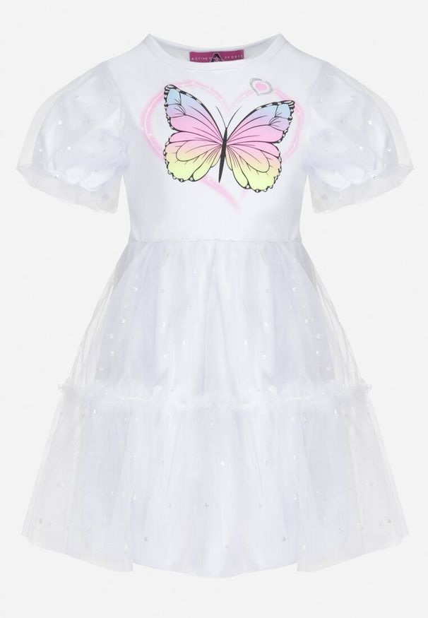 Born2be - Biała Sukienka z Brokatowym Motylkiem i Tiulowym Dołem Princessia. Kolor: biały. Materiał: tiul. Długość rękawa: krótki rękaw. Wzór: nadruk