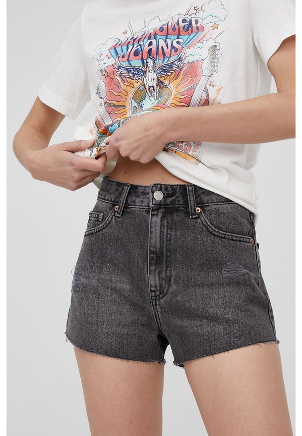Dr. Denim szorty jeansowe damskie kolor szary gładkie high waist. Stan: podwyższony. Kolor: szary. Materiał: denim, jeans. Wzór: gładki