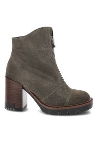 Zielone Botki Karino Damskie Modne Obuwie Jesienne. Zapięcie: zamek. Kolor: zielony. Materiał: jeans, skóra, welur. Sezon: jesień. Obcas: na obcasie. Styl: klasyczny, elegancki. Wysokość obcasa: średni #6