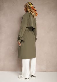 Renee - Zielony Dwurzędowy Płaszcz Trencz z Paskiem Ninnolia. Okazja: do pracy, na spacer. Kolor: zielony. Materiał: jeans. Wzór: aplikacja. Styl: klasyczny, elegancki #3