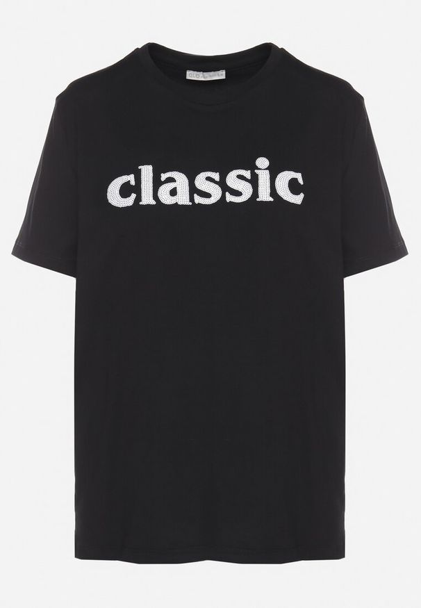 Born2be - Czarny T-shirt z Bawełny z Aplikacją z Cyrkoniami Deraine. Okazja: na co dzień. Kolor: czarny. Materiał: bawełna. Wzór: aplikacja. Styl: klasyczny, elegancki, casual
