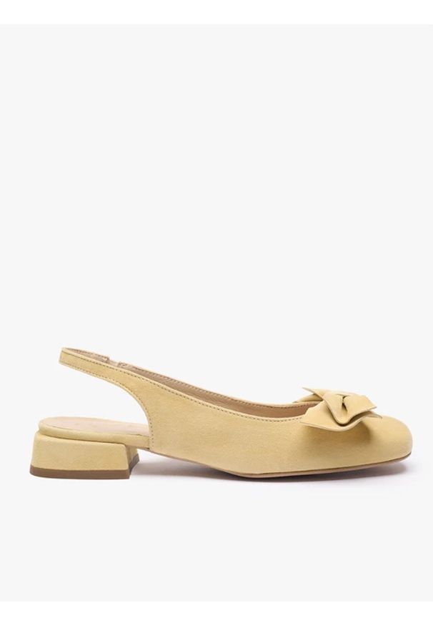 Ryłko - Jasnożółte czółenka slingback bez pięty z kokardką. Kolor: żółty. Materiał: welur, skóra. Szerokość cholewki: normalna. Wzór: aplikacja. Sezon: wiosna. Obcas: na obcasie. Styl: street, elegancki. Wysokość obcasa: średni