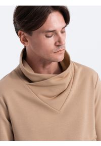 Ombre Clothing - Bluza męska z dużym kołnierzem OSLO - beżowa B1366 - XL. Kolor: beżowy. Materiał: bawełna, poliester, skóra. Wzór: napisy, aplikacja #6