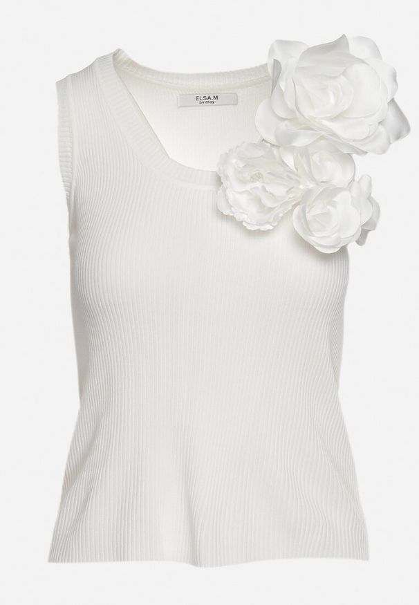 Born2be - Biały Top z Naszywką w Kształcie Kwiatów Teralia. Okazja: na co dzień. Kolor: biały. Wzór: aplikacja, kwiaty. Styl: elegancki, casual