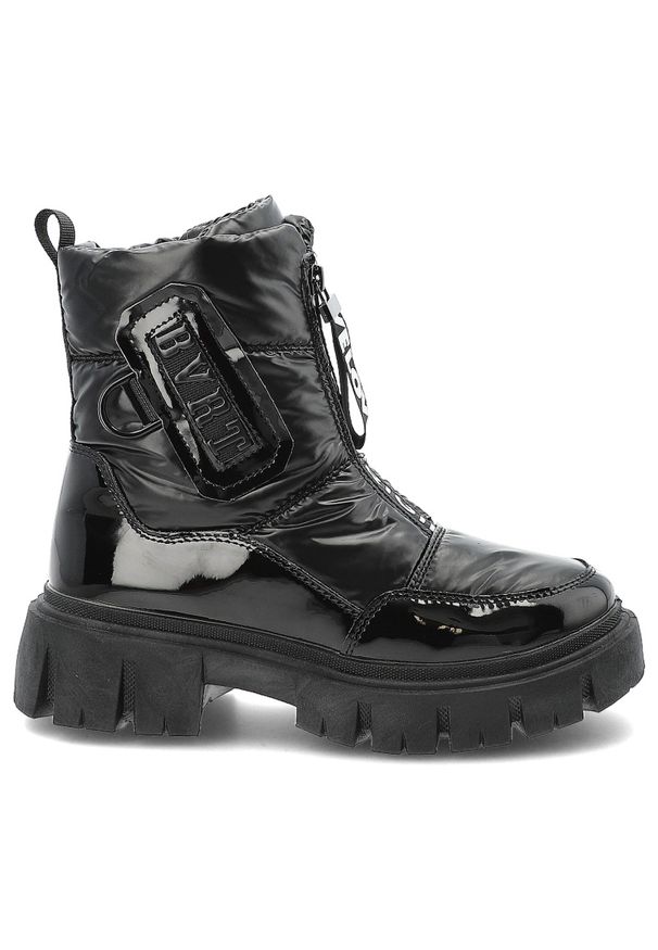 Czarne Śniegowce Filippo Ocieplane Buty Damskie. Okazja: na co dzień, na spacer. Zapięcie: zamek. Kolor: czarny. Materiał: lakier. Wzór: napisy. Sezon: zima. Styl: casual