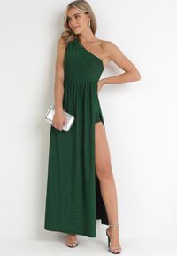 Born2be - Zielona Asymetryczna Sukienka Maxi z Rozkloszowanym Dołem i Wycięciem z Brokatem Acaisa. Kolor: zielony. Materiał: materiał, wiskoza. Typ sukienki: asymetryczne. Długość: maxi