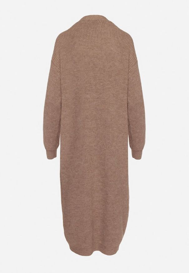 Born2be - Brązowy Klasyczny Długi Kardigan Niezapinany ze Ściągaczami przy Rękawach Arstel. Okazja: do pracy, na co dzień. Kolor: beżowy. Materiał: jeans. Długość: długie. Styl: klasyczny