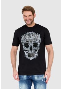 Philipp Plein - PHILIPP PLEIN Czarny męski t-shirt z czaszką zdobioną dżetami. Kolor: czarny. Wzór: aplikacja #1