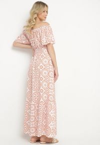 Born2be - Biało-Pomarańczowa Rozkloszowana Sukienka z Bawełną i Abstrakcyjnym Wzorem Ldivoria. Okazja: na imprezę, na spacer. Kolor: biały. Materiał: bawełna. Styl: elegancki #5