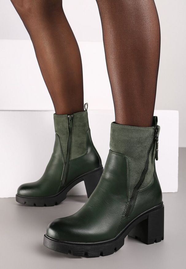 Born2be - Zielone Botki na Obcasie i Tłoczonej Platformie z Ozdobnym Suwakiem Vivirae. Okazja: na co dzień. Kolor: zielony. Materiał: dzianina, jeans. Sezon: zima, jesień. Obcas: na obcasie. Styl: casual, klasyczny. Wysokość obcasa: średni