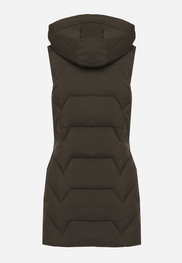 Born2be - Ciemnozielona Długa Pikowana Kamizelka na Suwak z Kapturem Teriviana. Okazja: na spacer, na co dzień. Typ kołnierza: kaptur. Kolor: zielony. Materiał: dzianina. Długość: długie. Styl: elegancki, casual, sportowy, klasyczny