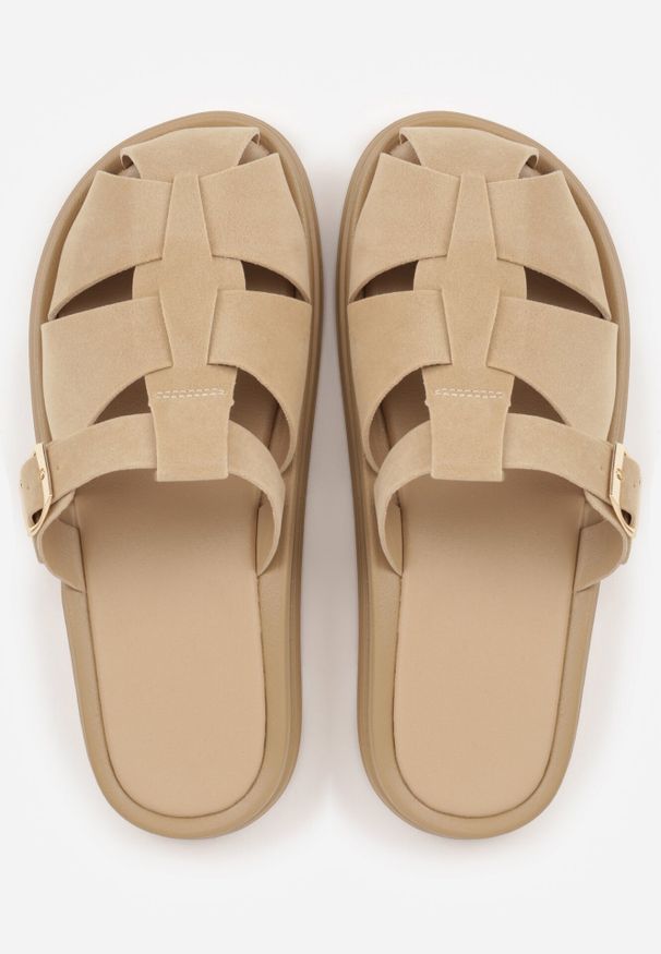 Born2be - Beżowe Klapki z Paskami i Kwadratową Sprzączką Olyndar. Okazja: na co dzień. Kolor: beżowy. Materiał: jeans. Sezon: lato. Styl: casual