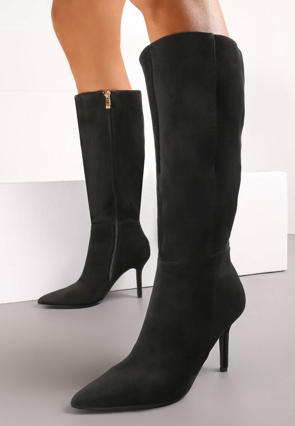 Renee - Czarne Kozaki na Cienkiej Szpilce do Kolana z Imitacji Zamszu Neleko. Kolor: czarny. Materiał: zamsz. Wzór: jednolity