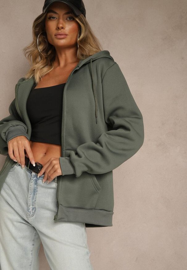 Renee - Zielona Bluza Rozpinana z Kapturem z Bawełną Ozdobiona Sznurkami Odiola. Okazja: na co dzień. Typ kołnierza: kaptur. Kolor: zielony. Materiał: bawełna. Wzór: aplikacja. Styl: casual, sportowy