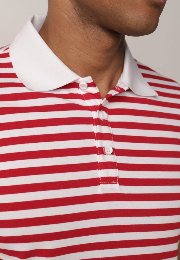 Born2be - Czerwona Bawełniana Koszulka Polo w Paski w Stylu Casual Elunilla. Okazja: na co dzień. Typ kołnierza: polo. Kolor: czerwony. Materiał: bawełna. Wzór: paski. Styl: casual