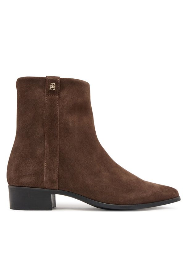 TOMMY HILFIGER - Tommy Hilfiger Botki Pointy Zip Bootie FW0FW08981 Brązowy. Kolor: brązowy. Materiał: zamsz, skóra