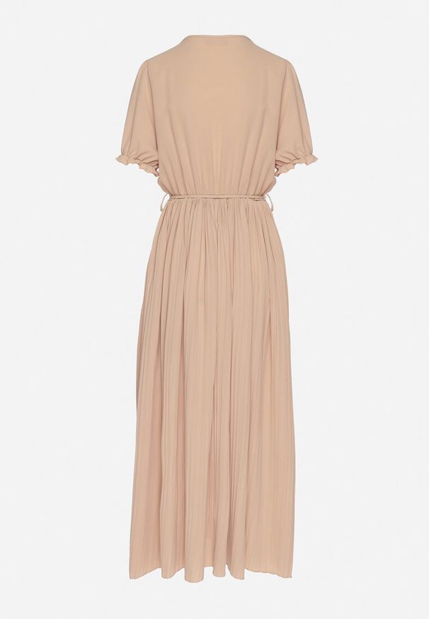 Born2be - Beżowa Kopertowa Sukienka z Bawełną i Paskiem Ivellevia. Okazja: na co dzień. Typ kołnierza: dekolt w serek. Kolor: beżowy. Materiał: bawełna. Długość rękawa: długi rękaw. Sezon: lato. Typ sukienki: kopertowe. Styl: klasyczny, casual, elegancki