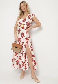 Born2be - Biało-Czerwona Sukienka z Wiskozy Ozdobiona Paskiem z Klamrą i Geometrycznym Wzorem Orivana. Okazja: na co dzień, na imprezę. Typ kołnierza: dekolt w kształcie V. Kolor: czerwony. Materiał: wiskoza. Wzór: geometria, aplikacja. Typ sukienki: proste. Styl: casual, elegancki #5