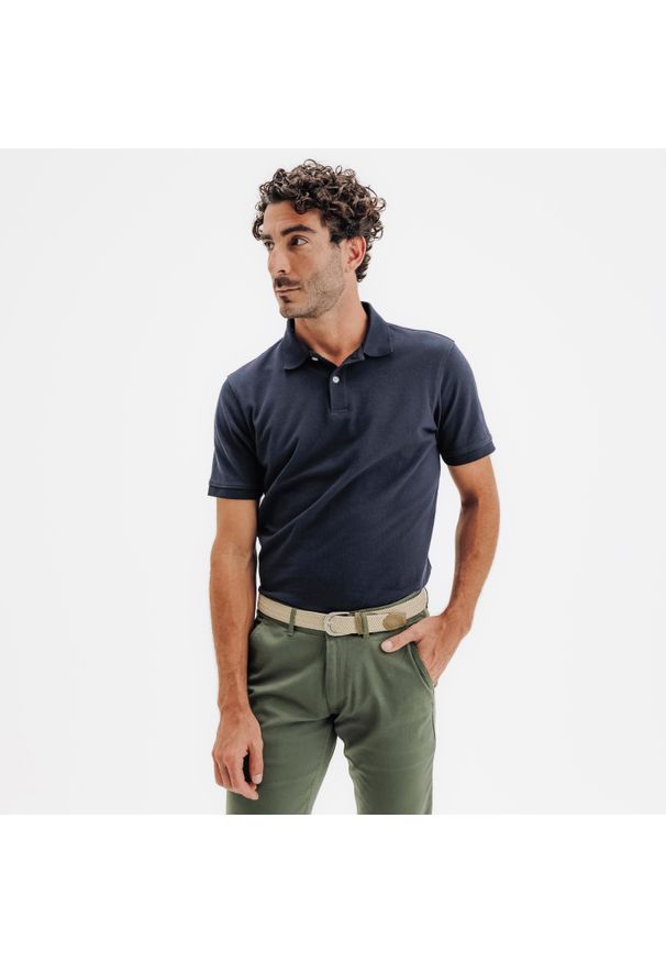 INESIS - Koszulka polo do golfa z krótkim rękawem męska Inesis MW500. Typ kołnierza: golf, polo. Kolor: niebieski. Materiał: poliester, materiał, bawełna. Długość rękawa: krótki rękaw. Długość: krótkie. Wzór: ze splotem. Styl: sportowy, klasyczny