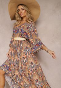 Renee - Beżowo-Granatowa Oversizowa Sukienka Maxi z Ozdobnym Wzorem Paisley Amaertia. Kolor: beżowy. Wzór: paisley. Długość: maxi #5