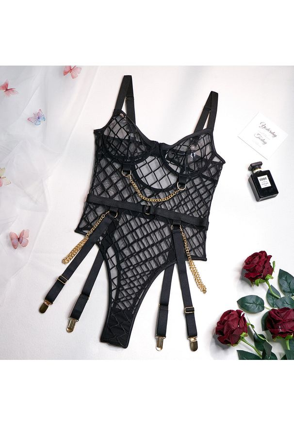 Intica - Body damskie z geometrycznym wzorem na ramiączkach Zoe. Kolor: czarny. Materiał: materiał. Długość: krótkie. Wzór: geometria