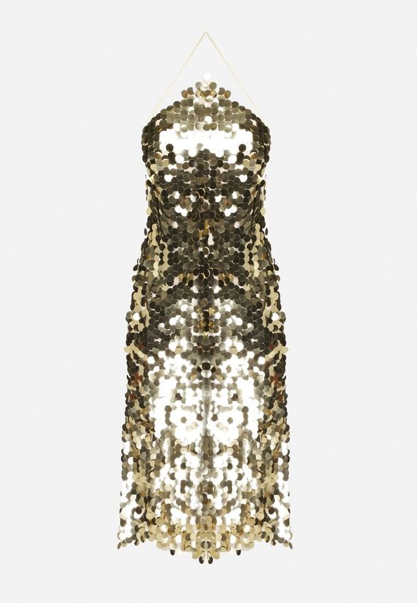 Born2be - Złota Asymetryczna Sukienka Bogato Zdobiona Cekinami z Wiązaniem na Plecach Lericie. Kolor: złoty. Wzór: aplikacja. Typ sukienki: asymetryczne