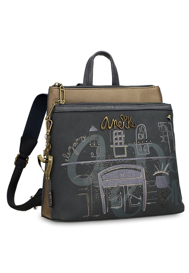 Plecak damski Anekke, we wzorki z 2 komorami z regulowanymi szelkami, granatowy, 41855-233. Kolor: niebieski. Materiał: materiał. Wzór: nadruk, aplikacja, haft. Styl: casual