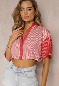 Renee - Czerwona Bluzka Krótka w Stylu Retro na Guziki Ozdobiona Paskami Fito. Kolor: czerwony. Długość rękawa: krótki rękaw. Długość: krótkie. Wzór: aplikacja. Styl: retro #5
