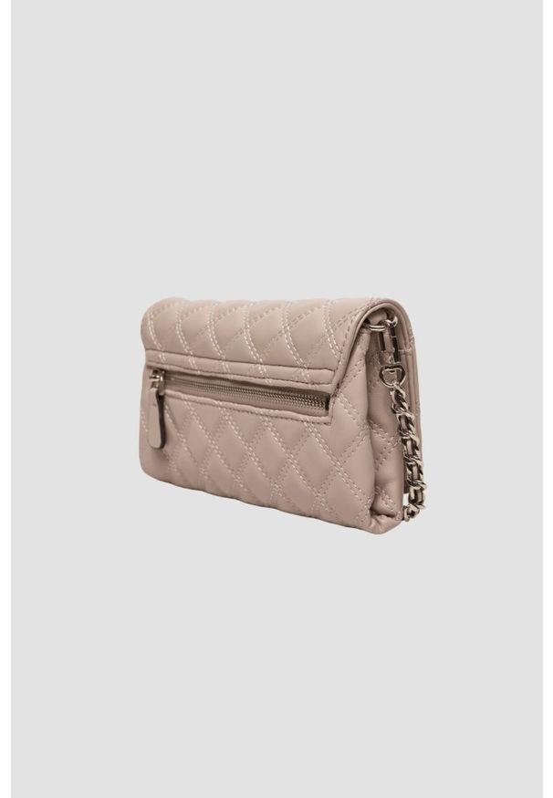 Guess - GUESS Damski portfel na łańcuszku w kolorze taupe Giully II Mini. Kolor: beżowy. Materiał: materiał