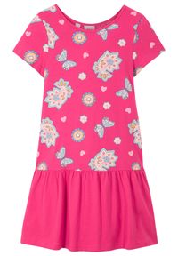 bonprix - Sukienka shirtowa dziewczęca z bawełny organicznej. Kolor: różowy. Materiał: bawełna. Długość rękawa: krótki rękaw. Wzór: gładki, nadruk, kwiaty