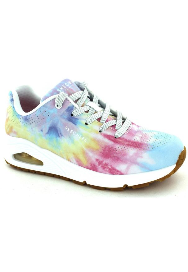 skechers - Buty do chodzenia damskie Skechers Hyped Hippie. Okazja: na co dzień. Zapięcie: sznurówki. Kolor: różowy, wielokolorowy, biały. Materiał: materiał. Szerokość cholewki: normalna. Sport: turystyka piesza