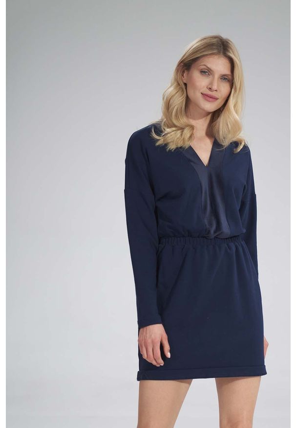 Figl - Mini Sukienka z Dekoltem Wykończonym Welurem - Granatowa. Kolor: niebieski. Materiał: welur. Długość: mini