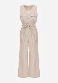 Born2be - Beżowy Wiskozowy Kombinezon Bez Rękawów z Wiązanym Paskiem w Stylu Safari Thitae. Okazja: do pracy, na co dzień. Kolor: beżowy. Materiał: wiskoza. Długość rękawa: bez rękawów. Styl: casual #8