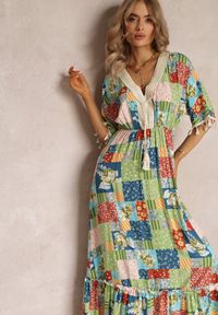Renee - Zielona Rozkloszowana Sukienka Maxi z Falbanką w Patchworkowy Wzór Fiorella. Kolor: zielony. Materiał: bawełna, tkanina. Wzór: aplikacja. Długość: maxi #3