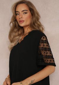 Renee - Czarna Bluzka z Koronkowym Dekoltem i Rękawami z Wiskozy Cathlen. Kolor: czarny. Materiał: koronka, wiskoza. Wzór: koronka #4
