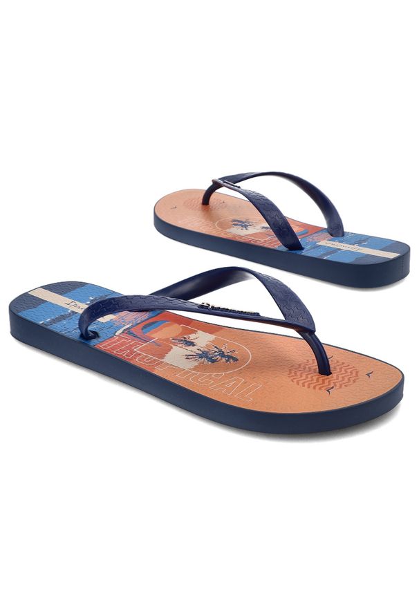 Pomarańczowe Japonki Ipanema Modne Obuwie Męskie. Okazja: na co dzień, na spacer, na plażę. Kolor: niebieski. Materiał: materiał. Wzór: kolorowy, paski. Sezon: lato. Styl: casual