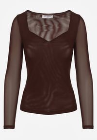 Born2be - Ciemnobrązowa Bluzka Siateczkowa z Wiskozą z Długim Rękawem i Dekoltem w Serce Elanne. Okazja: na co dzień. Kolor: brązowy. Materiał: wiskoza. Długość rękawa: długi rękaw. Długość: długie. Styl: casual, klasyczny, elegancki #3