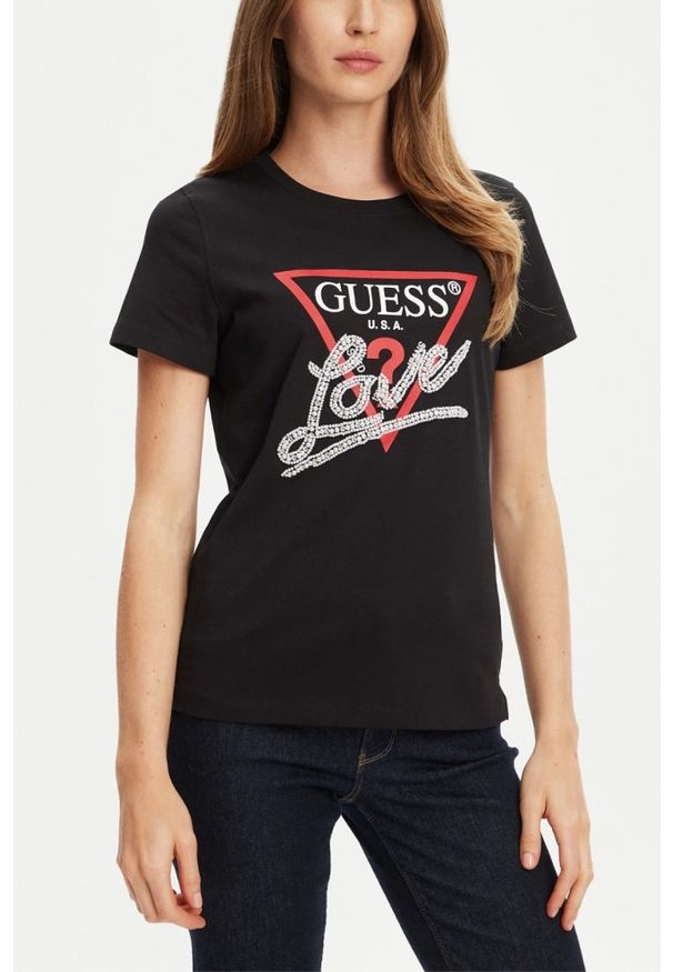 Guess - GUESS Czarny damski t-shirt Pearls Love. Kolor: czarny